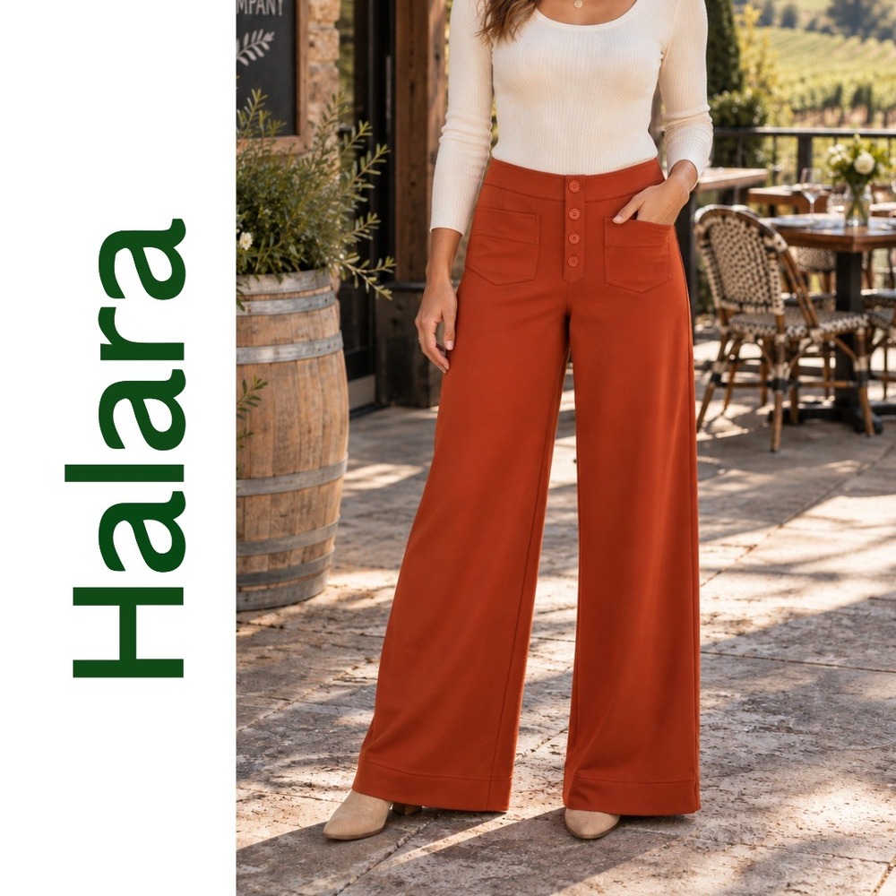 Halara, Burnt Orange Wide Leg High Waisted Button Front Pocket Pants Size Large